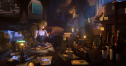 Rule 34 | 1girl, 2046547893, 3d, absurdres, bare shoulders, blonde hair, blood bead, book, bottle, breasts, candle, code vein, commentary, cup, drawing (object), elbow gloves, english commentary, gloves, highres, holding, long hair, looking at viewer, mia karnstein, no headwear, notepad, open book, small breasts, solo, vampire, white legwear