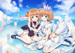 Rule 34 | 2girls, :d, absurdres, arm support, bad id, bad pixiv id, between legs, black footwear, black shirt, blue sky, blurry, blurry background, blush, card, cardcaptor sakura, clear card, closed mouth, cloud, commentary request, crown, day, depth of field, dress, dual persona, feathered wings, fingernails, gloves, green eyes, hair bobbles, hair ornament, hand between legs, hand up, high heels, highres, holding, holding card, horizon, kinomoto sakura, light brown hair, long sleeves, mary janes, mini crown, mo xiaoxue, multiple girls, open mouth, outdoors, pleated skirt, puffy long sleeves, puffy sleeves, reflection, round teeth, sailor collar, shirt, shoes, short hair, sitting, skirt, sky, sleeveless, sleeveless dress, smile, socks, teeth, transparent, two side up, upper teeth only, wariza, white dress, white footwear, white gloves, white legwear, white neckwear, white sailor collar, white skirt, white wings, wings