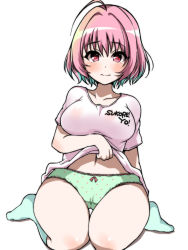 Rule 34 | 1girl, ahoge, blue hair, blush, bow, bow panties, closed mouth, clothes lift, clothes writing, commentary request, crotch seam, frown, full body, green panties, green socks, hair intakes, idolmaster, idolmaster cinderella girls, lace, lace-trimmed panties, lace trim, lifted by self, looking at viewer, multicolored hair, navel, no pants, panties, petsuo (penpen), pink eyes, pink hair, polka dot, polka dot panties, shirt, shirt lift, short hair, short sleeves, simple background, sitting, socks, solo, t-shirt, thigh gap, two-tone hair, underwear, wariza, white background, white shirt, yumemi riamu
