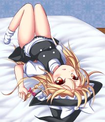Rule 34 | 1girl, absurdres, bare legs, blonde hair, blush, bobby socks, braid, breasts, d:, dress, full body, hair ribbon, hat, highres, kirisame marisa, legs, long hair, looking at viewer, mochizuki hull, on bed, open mouth, red eyes, ribbon, single braid, small breasts, socks, solo, star-shaped pupils, star (symbol), symbol-shaped pupils, thighs, touhou, tress ribbon, upside-down, witch hat