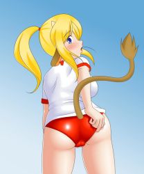 Rule 34 | animal ears, ass, ass focus, ass grab, blonde hair, bloomers, blue eyes, blush, breasts, cow ears, cow girl, cow horns, cow tail, gigi (hurimaro), gym uniform, horns, hurimaro metayaki, large breasts, pussy, tail, underwear