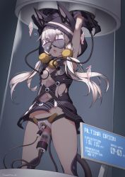 Rule 34 | 1girl, altina orion, arms up, blindfold, eiyuu densetsu, highres, long hair, open mouth, restrained, sex machine, standing, torn clothes, twintails, underwater, unusablenameaaa, water tank, white hair