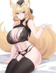 Rule 34 | 1girl, absurdres, alternate costume, animal ear fluff, animal ears, arknights, black bra, black panties, black sweater, black thighhighs, blonde hair, blue eyes, bra, breasts, cleavage, commentary, english commentary, english text, garter belt, garter straps, heart, highres, horse ears, horse girl, horse tail, kanta (kanta 077), lace, lace-trimmed bra, lace-trimmed panties, lace trim, large breasts, licking lips, lingerie, long hair, looking at viewer, meme, navel, on bed, panties, sitting, sleeveless, sleeveless turtleneck, smile, solo, stomach, sweater, tail, thighhighs, tongue, tongue out, turtleneck, turtleneck sweater, twitter strip game (meme), underwear, whislash (arknights)