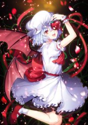 Rule 34 | 1girl, apple, arm up, ascot, bad id, bad pixiv id, bat wings, blue hair, dress, fang, food, fruit, hat, light particles, looking at viewer, mob cap, open mouth, petals, philomelalilium, pink eyes, puffy sleeves, red footwear, remilia scarlet, sash, shoes, short sleeves, smile, solo, touhou, white dress, wings, wrist cuffs