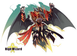 Rule 34 | black wings, bracer, capelet, character name, character request, commentary request, crossover, dragon, dragon chronicle, emon-yu, full body, fur-trimmed capelet, fur trim, high collar, high wizard (ragnarok online), no humans, open mouth, ragnarok online, red capelet, shirt, white background, white shirt, wings