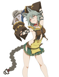 Rule 34 | 10s, 1girl, animal ears, armpits, arms up, braid, claw (weapon), claws, collar, erune, gloves, granblue fantasy, long hair, red eyes, ryuutansai, sen (granblue fantasy), silver hair, simple background, skirt, solo, stretching, weapon, white background