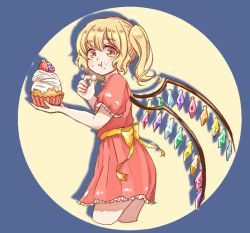 Rule 34 | 1girl, :t, alternate costume, arms up, blonde hair, blue background, blueberry, commentary request, cowboy shot, cropped legs, cupcake, dress, eating, flandre scarlet, food, food on face, from side, fruit, holding, holding food, icing, looking at viewer, messy, mikepo, no headwear, puffy short sleeves, puffy sleeves, red dress, red eyes, shadow, short hair, short sleeves, side ponytail, simple background, slit pupils, solo, spotlight, standing, strawberry, touhou, wings