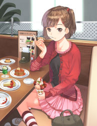 Rule 34 | 1girl, bad id, bad pixiv id, bag, blush, brown eyes, brown hair, cake, female focus, food, fruit, hair bobbles, hair ornament, ice cream, indoors, kneehighs, mouth hold, original, pancake, polka dot, shoes, short twintails, sitting, skirt, smile, sneakers, socks, solo, spoon, strawberry, striped clothes, striped socks, sundae, twintails, two side up, yamamoto shima
