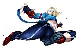 Rule 34 | 1girl, absurdres, blonde hair, blue eyes, blue jacket, blue pants, blue sports bra, cammy white, cropped jacket, fingerless gloves, flying kick, gloves, highres, incoming attack, incoming kick, jacket, kicking, looking at viewer, matsubara toshi, midriff, open mouth, pants, red footwear, short hair, simple background, solo, sports bra, stomach, street fighter, thick thighs, thighs, toned, white background, yoga pants