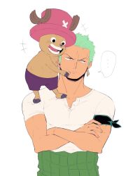 Rule 34 | ..., 2boys, averting eyes, blush, cheek press, flat color, frown, green hair, highres, laughing, male focus, multiple boys, one piece, roronoa zoro, scar, scar across eye, short hair, simple background, speech bubble, spoken ellipsis, standing on shoulder, toned, toned male, tony tony chopper, udon oneday, upper body, white background