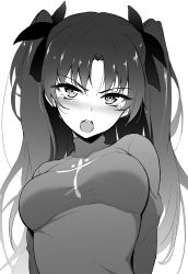 Rule 34 | 1girl, absurdres, arms behind back, blush, bow, breasts, covered collarbone, fate/stay night, fate (series), greyscale, hair between eyes, hair bow, highres, kyokucho, long hair, looking at viewer, medium breasts, monochrome, open mouth, parted bangs, ringed eyes, simple background, solo, sweater, tearing up, tears, teeth, tohsaka rin, two side up, upper teeth only, v-shaped eyebrows, white background