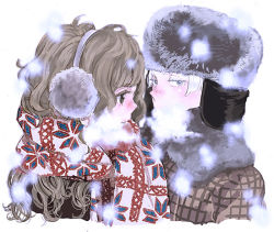 Rule 34 | 1boy, 1girl, blush, brown hair, draco malfoy, floral print, from side, harry potter (series), hermione granger, maiko (setllon), motion blur, profile, scarf, short hair, simple background, snowing, upper body, white background, winter, winter clothes, wizarding world