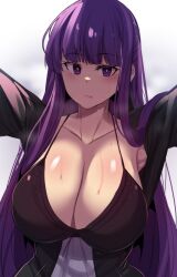 Rule 34 | 1girl, absurdres, alternate breast size, armpit peek, armpits, black nightgown, black shirt, breasts, camisole, cleavage, closed mouth, collarbone, cut bangs, fern (sousou no frieren), highres, hinghoi, huge breasts, nightgown, open clothes, open shirt, purple eyes, purple hair, purple pupils, reaching, reaching towards viewer, shirt, solo, sousou no frieren, straight hair, upper body