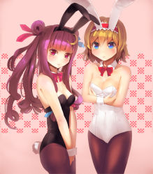 Rule 34 | 2girls, alice margatroid, animal ears, black leotard, blonde hair, blue eyes, bow, bowtie, breasts, brown legwear, rabbit ears, rabbit tail, playboy bunny, cleavage, crescent, crescent hair ornament, culter, detached collar, fake animal ears, hair ornament, hairband, leotard, long hair, medium breasts, multiple girls, pantyhose, patchouli knowledge, pink background, purple eyes, purple hair, ribbon, short hair, small breasts, tail, touhou, wrist cuffs