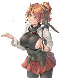 Rule 34 | 1girl, aquila (kancolle), bike shorts under skirt, black shorts, blush, breasts, cosplay, cowboy shot, heart, high ponytail, highres, kantai collection, kokuzou, large breasts, long hair, long sleeves, looking at viewer, one eye closed, open mouth, orange hair, pleated skirt, red skirt, shorts, sideboob, simple background, skirt, solo, taihou (kancolle), taihou (kancolle) (cosplay), white background, yellow eyes