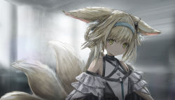 Rule 34 | 1girl, amanun, animal ear fluff, animal ears, arknights, bare shoulders, blonde hair, blouse, blue bow, blurry, blurry background, blush, bow, braid, braided hair rings, breasts, closed mouth, commentary, ears down, eyebrows, fox ears, fox tail, frilled sleeves, frills, hair bow, happy, head tilt, highres, indoors, infection monitor (arknights), looking at viewer, medium hair, multiple tails, off shoulder, shirt, short hair, sidelocks, small breasts, smile, solo, strap, suzuran (arknights), tail, wall, white shirt, white sleeves, window, yellow eyes