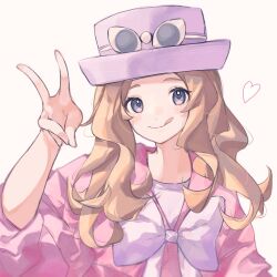 Rule 34 | 1girl, :q, asatte 3z, black eyes, bow, brown hair, closed mouth, commentary request, creatures (company), eyelashes, eyewear on headwear, game freak, hat, heart, highres, long hair, looking at viewer, nintendo, pink hat, pokemon, pokemon xy, purple bow, serena (pokemon), simple background, smile, solo, sunglasses, tongue, tongue out, upper body, v, white-framed eyewear, white background