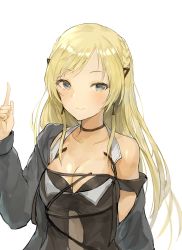 Rule 34 | 1girl, blonde hair, braid, breasts, chan1moon, cleavage, earrings, french braid, girls&#039; frontline, grey eyes, highres, jacket, jewelry, k5 (girls&#039; frontline), medium breasts, open clothes, open jacket, pointing, solo