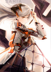 Rule 34 | 1girl, absurdres, arknights, brown eyes, character name, chinese commentary, commentary request, floating hair, from side, grey shirt, hand up, highres, horns, long hair, long sleeves, looking at viewer, partial commentary, saria (arknights), shield, shirt, silver hair, solo, upper body, wuws