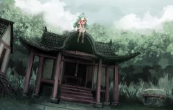 Rule 34 | 1girl, architecture, box, cloud, cloudy sky, commentary, commission, curly hair, day, donation box, east asian architecture, fisheye, forest, geta, grass, green eyes, green hair, hakurei shrine, hand on own forehead, highres, horns, kariyushi shirt, keystone, komano aunn, long hair, looking at viewer, nature, outdoors, pixiv commission, red shirt, rope, shimenawa, shirt, short sleeves, shorts, shrine, sitting, sky, smile, solo, sunnysideup, touhou, very long hair, white shorts