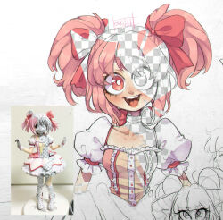 Rule 34 | 1girl, artist name, bow, bow choker, breasts, buttons, center frills, choker, cleavage, collarbone, commentary, cropped torso, derivative work, dress, english commentary, eyelashes, fake transparency, frilled sleeves, frills, hair bow, highres, kaname madoka, light blush, looking at viewer, magical girl, mahou shoujo madoka magica, mahou shoujo madoka magica (anime), open mouth, oskilll, partially colored, photo background, pink bow, pink choker, pink dress, pink eyes, pink hair, puffy short sleeves, puffy sleeves, reference inset, short hair, short sleeves, short twintails, small breasts, smile, solo, square neckline, teeth, twintails, upper teeth only, white sleeves