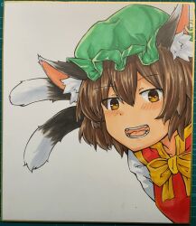 Rule 34 | 1girl, animal ear fluff, animal ear piercing, animal ears, blush, bow, bowtie, breasts, brown eyes, brown hair, cat ears, cat tail, chagamaka, chen, double-parted bangs, earrings, green hat, hair between eyes, half-closed eyes, hat, highres, jewelry, looking at viewer, mob cap, multiple tails, nekomata, open mouth, red vest, short hair, simple background, single earring, small breasts, smile, solo, tail, teeth, touhou, traditional media, two tails, upper body, vest, white background, yellow bow, yellow bowtie