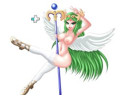 Rule 34 | 1girl, angel, angel wings, breasts, covered erect nipples, crown, ecstasy (icyblue), female focus, functionally nude, goddess headdress, green eyes, grinding, highres, jewelry, kid icarus, kid icarus uprising, large breasts, long hair, naughty face, navel, nintendo, nipples, open mouth, palutena, pole dancing, pussy juice, pussy juice trail, shoes, simple background, staff, super smash bros., sweat, thick thighs, thighhighs, thighs, toeless footwear, tongue, tongue out, v, very long hair, wide hips, wings