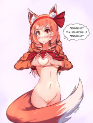 Rule 34 | 1girl, animal ears, blush, bottomless, breasts, brown eyes, clothes lift, drill hair, embarrassed, english text, female pubic hair, fox ears, fox girl, fox tail, freckles, heart, heart hands, highres, hood, hoodie, long hair, looking at viewer, navel, nipples, no panties, original, poppytart, pubic hair, pussy, red hair, ribbon, shirt lift, small breasts, solo, stomach, tail, tan, tanline, valentine