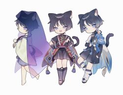 Rule 34 | 3boys, animal, animal ear fluff, animal ears, arm armor, barefoot, belt, bird, black belt, black bow, black eyes, black footwear, black hair, black shirt, black shorts, black vest, blue belt, blue eyes, blue gemstone, blue shorts, blue vest, blunt ends, blush, bow, cat ears, cat tail, chibi, closed mouth, detached sleeves, from side, full body, gem, genshin impact, gold, grey fur, grey socks, grey vest, hair between eyes, half-closed eye, hand on own hip, hand up, highres, jewelry, leaf, leg up, long sleeves, looking at another, looking at viewer, looking down, looking up, male focus, mandarin collar, mitsudomoe (shape), multiple boys, multiple persona, necklace, no headwear, no mouth, official alternate costume, open clothes, open mouth, open vest, orange fur, pom pom (clothes), purple belt, purple eyes, purple shirt, purple socks, red bow, sandals, scaramouche (genshin impact), scaramouche (kabukimono) (genshin impact), shirt, short hair, short sleeves, shorts, simple background, sitting, sitting on person, sleeveless, sleeveless shirt, smile, smug, socks, standing, standing on one leg, tail, toketeruegg3, tomoe (symbol), tongue, two-tone fur, two-tone vest, v-shaped eyebrows, veil, vest, vision (genshin impact), wanderer (genshin impact), white background, white vest, wide sleeves, wings