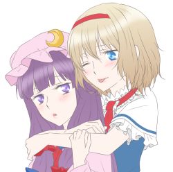 Rule 34 | 2girls, alice margatroid, bad id, bad pixiv id, blonde hair, blue eyes, blush, capelet, crescent, hair ribbon, hairband, hat, hug, hug from behind, long hair, multiple girls, one eye closed, open mouth, patchouli knowledge, purple eyes, purple hair, ribbon, short hair, smile, tongue, tongue out, touhou, udon (shiratama), upper body
