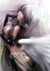 Rule 34 | 1girl, angel wings, arm tattoo, black gloves, blonde hair, blush, breasts, spiked halo, dated, elbow gloves, feathered wings, from side, gloves, green hair, halo, hand to own mouth, jibril (no game no life), large breasts, long hair, low wings, makanoka, multicolored hair, no game no life, open mouth, profile, purple hair, solo, tattoo, twitter username, very long hair, white wings, wings, yellow eyes