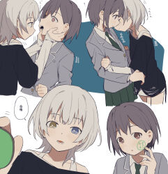 Rule 34 | 2girls, bang dream!, bang dream! it&#039;s mygo!!!!!, black shirt, blue background, blue eyes, blush, closed mouth, coldcat., collared shirt, commentary request, green necktie, green skirt, grey jacket, hands on another&#039;s face, haneoka school uniform, heads together, heterochromia, highres, ink stamp, jacket, kaname raana, layered sleeves, long sleeves, medium hair, multiple girls, necktie, parted lips, pleated skirt, school uniform, shirt, short over long sleeves, short sleeves, skirt, smile, speech bubble, stamp mark, takamatsu tomori, translation request, two-tone background, white background, white hair, white shirt, yellow eyes, yuri