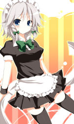 1girl black_thighhighs blue_eyes blush braid female_focus highres horon izayoi_sakuya maid maid_headdress short_hair silver_hair solo thighhighs touhou twin_braids zettai_ryouiki