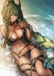 Rule 34 | 1girl, bare shoulders, bikini, black bikini, braid, braided ponytail, genyaky, granblue fantasy, green hair, hair ornament, hand up, highres, horus (granblue fantasy), long hair, looking at viewer, navel, partially submerged, signature, solo, stomach, swimsuit, thigh strap, thighs, very long hair, water, wet