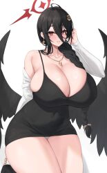 Rule 34 | 1girl, alternate costume, alternate hairstyle, bare legs, black hair, black wings, blue archive, blush, braid, breasts, cleavage, collarbone, commentary request, covered navel, curvy, feathered wings, hair between eyes, halo, hasumi (blue archive), highres, huge breasts, kuavera, long hair, looking at viewer, mole, mole under eye, panties, panty peek, parted lips, red eyes, solo, thick thighs, thighs, underwear, very long hair, wide hips, wings