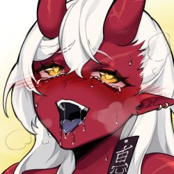 Rule 34 | ahegao, akumi (yoclesh), blush, colored skin, colored tongue, drooling, earrings, hoop earrings, horns, indie virtual youtuber, jewelry, oni, oni horns, open mouth, pointy ears, red horns, red oni, red skin, rolling eyes, saliva, scar, sweat, tongue, tongue out, virtual youtuber, vyugen, white hair, yellow eyes, yoclesh