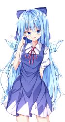 Rule 34 | 1girl, alternate hair length, alternate hairstyle, arm behind back, bad id, bad pixiv id, blue bow, blue dress, blue eyes, blue hair, blush, bow, cirno, collared shirt, cowboy shot, dress, fang, hair bow, highres, ice, ice wings, long hair, looking at viewer, open mouth, pinafore dress, sabana, shirt, short sleeves, simple background, skin fang, sleeveless, sleeveless dress, solo, standing, sweatdrop, touhou, white background, white shirt, wings