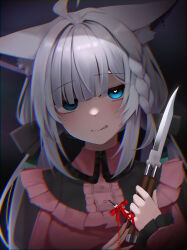 1girl :q absurdres ahoge alternate_costume animal_ears balisong blue_eyes blush braided_sidelock chromatic_aberration dark_background fox_ears fox_girl grey_hair heart heart-shaped_pupils highres hololive jirai_kei knife looking_at_viewer micon red_ribbon ribbon shirakami_fubuki solo symbol-shaped_pupils tongue tongue_out upper_body virtual_youtuber white_burinyan