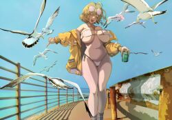 Rule 34 | 1girl, :d, ahoge, anis (nikke), anis (sparkling summer) (nikke), bare shoulders, bikini, bird, breasts, can, cleavage, day, drink can, eyepatch bikini, eyewear on head, feet out of frame, goddess of victory: nikke, highres, holding, holding can, jacket, jewelry, large breasts, light brown hair, necklace, off-shoulder jacket, off shoulder, official alternate costume, okota (pixiv), open mouth, outdoors, pink-tinted eyewear, seagull, short hair, side-tie bikini bottom, smile, soda can, solo, standing, string bikini, sunglasses, swimsuit, thigh gap, tinted eyewear, wet, white bikini, yellow eyes, yellow jacket