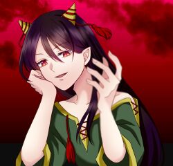 Rule 34 | 1girl, black hair, green eyes, head rest, highres, horns, long hair, nippaku zanmu, off-shoulder shirt, off shoulder, oni horns, oni tama, parted lips, pointy ears, red background, red eyes, red ribbon, ribbon, shirt, short sleeves, solo, tassel, touhou, upper body, very long hair