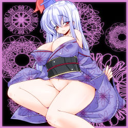 Rule 34 | 1girl, blue hair, breasts, cleavage, covered erect nipples, female focus, female pubic hair, groin, hat, huge breasts, japanese clothes, kamishirasawa keine, kimono, long hair, navel, no panties, open clothes, open skirt, pubic hair, red eyes, shoushinmono, silver hair, sitting, skirt, solo, tanaka ginji, thighs, touhou