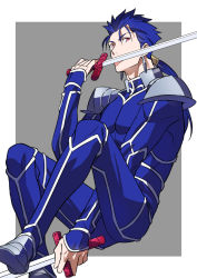 Rule 34 | 1boy, black keys (type-moon), blue hair, cu chulainn (fate), cu chulainn (fate/stay night), earrings, fate/stay night, fate (series), jewelry, kon manatsu, licking, licking blade, licking weapon, long hair, male focus, ponytail, red eyes, solo, sword, weapon