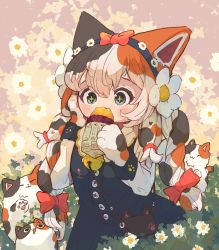 Rule 34 | + +, 1girl, animal, animal bag, animal ears, animal hands, bag, bell, black dress, black hair, black hairband, blush, bow, bow hairband, braid, buttons, calico, cat, cat ears, cat paws, commentary request, dress, drooling, eating, floral background, flower, foliage, food, grey eyes, hair between eyes, hair bow, hair flower, hair ornament, hairband, hand on own cheek, hand on own face, handbag, hands up, highres, holding, holding food, jingle bell, long hair, long sleeves, mouth drool, neck bell, newspaper, oimo imoo, orange bow, orange hair, original, outdoors, red bow, roasted sweet potato, solo, sweet potato, twin braids, white flower, white hair, white sleeves
