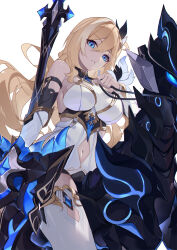 Rule 34 | 1girl, armor, asc11, bare shoulders, bianka durandal ataegina, bianka durandal ataegina (palatinus equinox), blonde hair, blue eyes, breasts, chinese commentary, clothing cutout, commentary request, dress, earrings, gauntlets, hair between eyes, hair ornament, highres, holding, holding polearm, holding weapon, honkai (series), honkai impact 3rd, horse, horseback riding, jewelry, krishna (honkai impact), large breasts, long hair, looking at viewer, navel, navel cutout, parted lips, polearm, riding, simple background, solo, spear, thighhighs, weapon, white background, white dress, white thighhighs