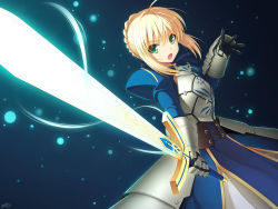 Rule 34 | 1girl, armor, armored dress, artoria pendragon (all), artoria pendragon (fate), blonde hair, braid, cygnus (cygnus7), dress, excalibur (fate/stay night), fate/stay night, fate/zero, fate (series), french braid, gauntlets, glowing, glowing weapon, green eyes, hair ribbon, holding, light particles, md5 mismatch, open mouth, resolution mismatch, ribbon, saber (fate), short hair, solo, source larger, sword, weapon