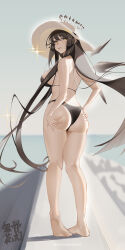 Rule 34 | 1girl, absurdres, arknights, artist name, ass, ass grab, back, bare legs, bare shoulders, barefoot, bikini, black bikini, black eyes, black hair, black halo, black wings, blue sky, blurry, blurry background, blurry foreground, breasts, broken halo, chinese commentary, chinese text, come hither, commentary request, dark halo, depth of field, detached wings, energy wings, floating hair, from behind, full body, grabbing own ass, hair between eyes, halo, halterneck, hat, heel up, highres, long hair, looking at viewer, looking back, medium breasts, mole, mole under eye, ocean, outdoors, parted lips, pier, presenting, shadow, shenhaijiaolonglaohuadeng, sideboob, signature, sky, soles, solo, sparkle, standing, sun hat, sunlight, swimsuit, teeth, thighs, upper teeth only, very long hair, virtuosa (arknights), water, white hat, wings