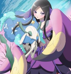 Rule 34 | 1girl, black hair, choker, colored eyelashes, corset, creatures (company), florges, florges (blue flower), game freak, gen 6 pokemon, grey eyes, hair ornament, highres, japanese clothes, kimono, long hair, nintendo, not shikisai, parted lips, pink kimono, pink ribbon, pokemon, pokemon xy, purple choker, purple ribbon, ribbon, sidelocks, signature, sky, sleeves past fingers, sleeves past wrists, standing, valerie (pokemon)