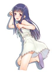Rule 34 | 1girl, blue hair, blush, character request, dress, from side, green dress, green ribbon, hair over shoulder, long hair, looking at viewer, mikazuchi zeus, open mouth, purple eyes, ribbon, shadow, simple background, slippers, smile, solo, standing, standing on one leg, white background