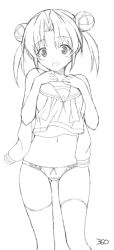 Rule 34 | 10s, 1girl, bow, bow panties, clothes in front, covering privates, double bun, female focus, greyscale, hair bun, hide yoshino, kinohara hikaru, lineart, monochrome, navel, open mouth, panties, sengoku otome, simple background, solo, thighhighs, twintails, underwear, undressing, white background