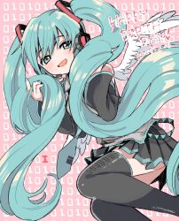 Rule 34 | 1girl, amezawa koma, angel wings, aqua eyes, aqua hair, aqua nails, bare shoulders, binary, blush, detached sleeves, feathered wings, happy birthday, hatsune miku, headphones, headset, highres, holding, holding hair, long hair, looking at viewer, necktie, open mouth, pink background, pleated skirt, shirt, skirt, sleeveless, sleeveless shirt, smile, solo, thighhighs, twintails, two-tone background, very long hair, vocaloid, white wings, wings, zettai ryouiki